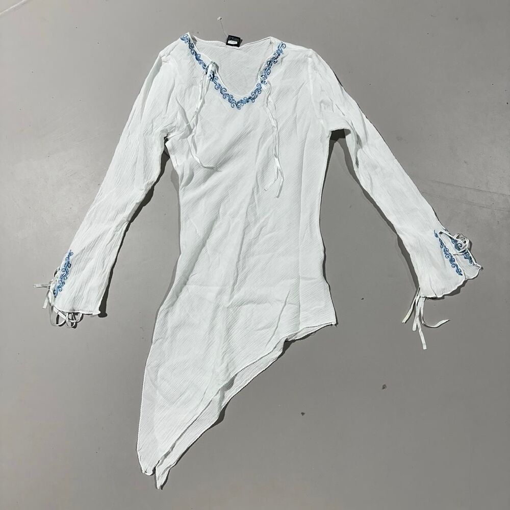 White Long Sleeve Asymmetrical Blouse with Blue Lace Trim and Tie Details